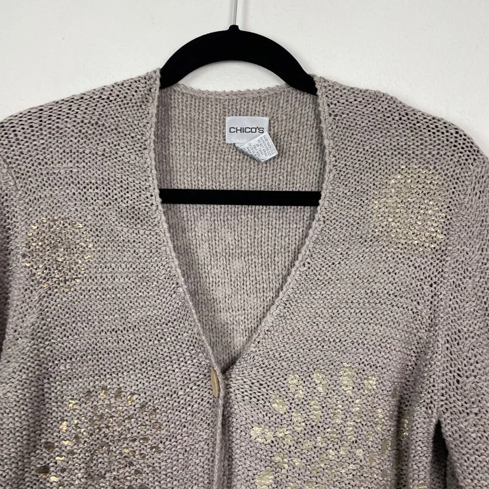 Chico's Sz 2/ US Sz L Bronze Single Button Front Open Knit Cardigan‎ Sweater